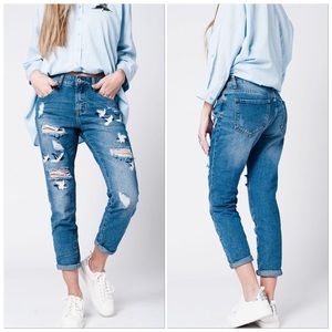 🆕Blue Bird Embroidered Ripped Boyfriend Jeans